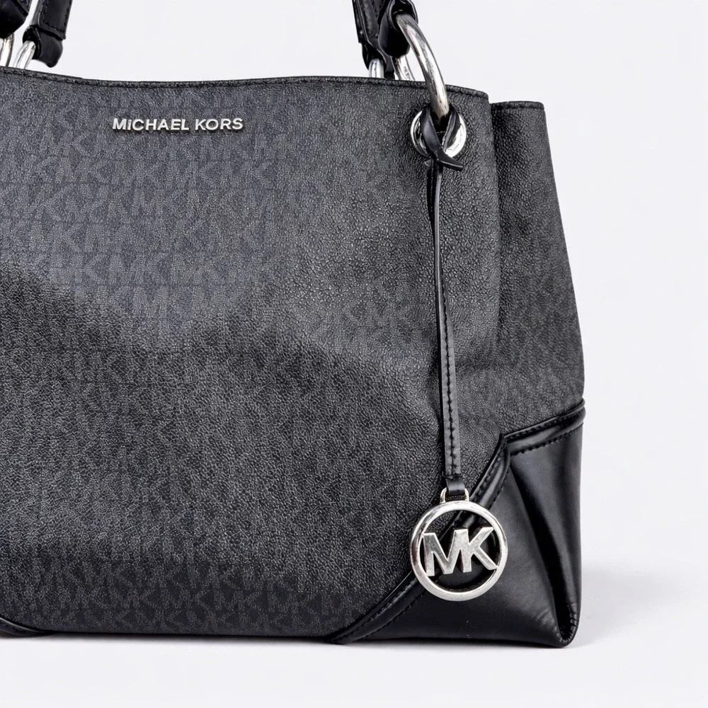 Michael Kors Black Monogram Logo Shoulder Bag Tote Silver Hardware MK Charm - Picture 2 of 11